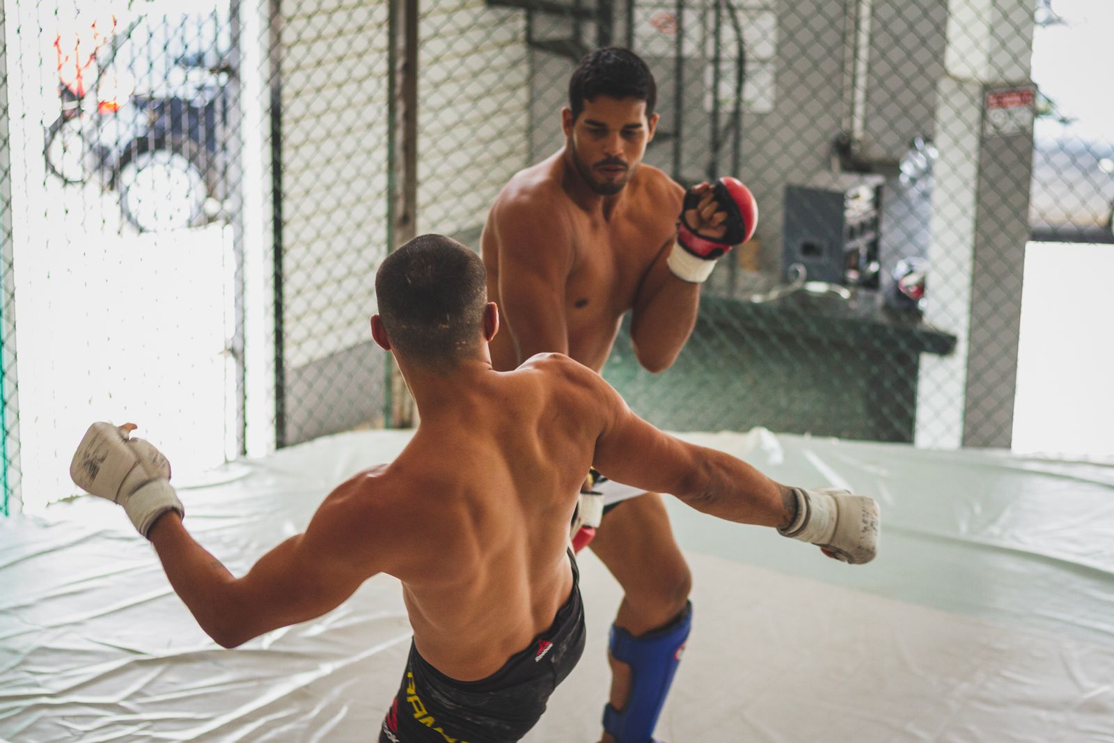 Deux combattants masculins s'entraînent dans une salle de sport pour la pratique des arts martiaux.